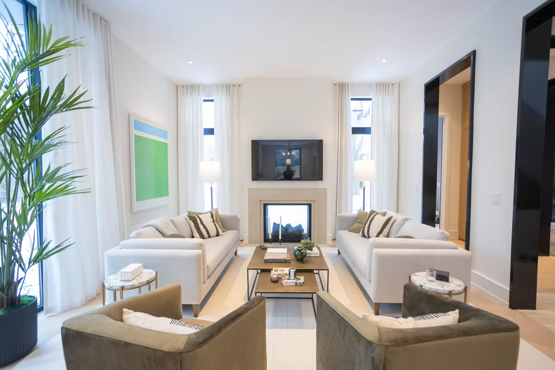 Elegant living room with custom Cortina drapery