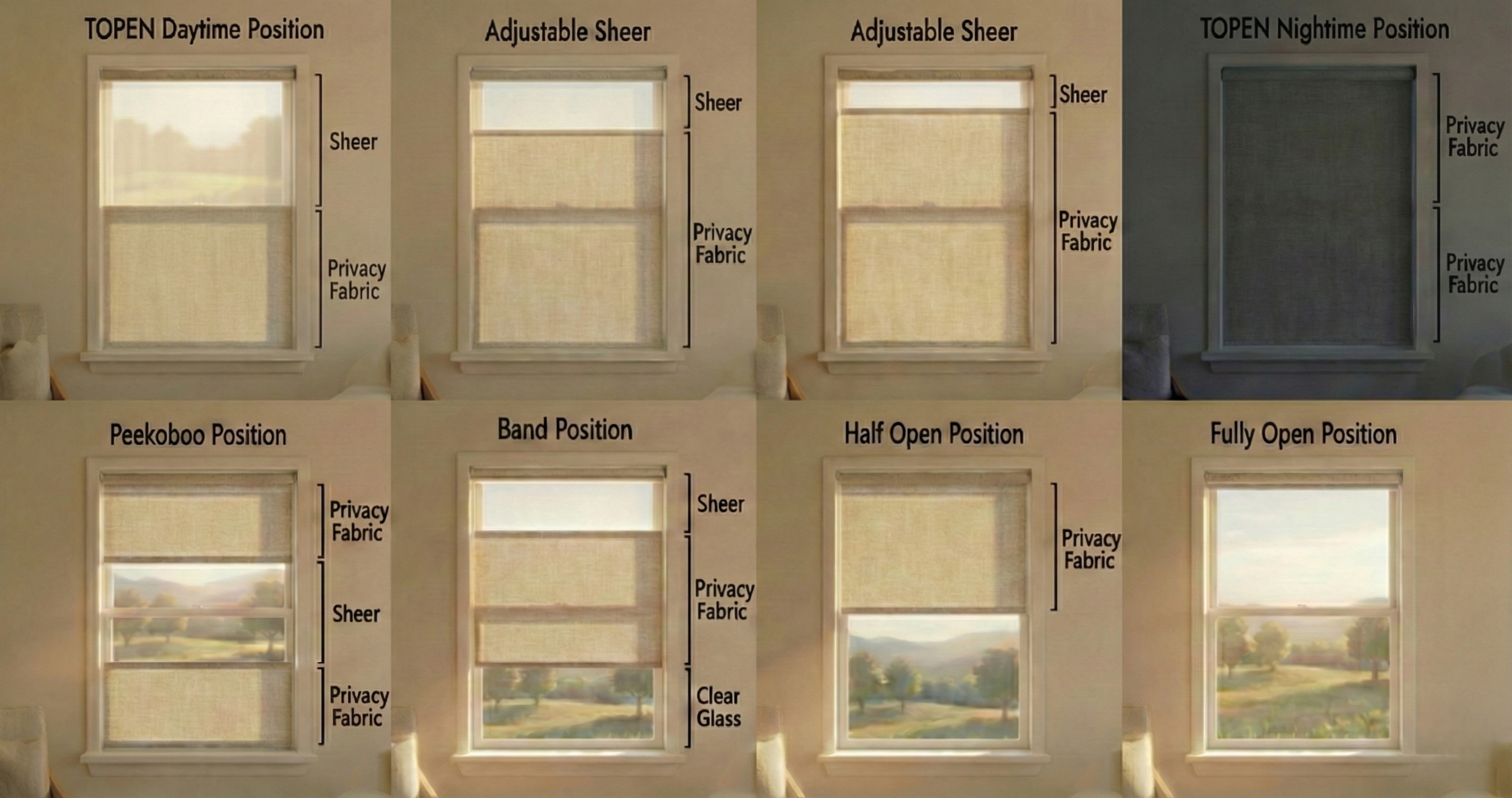 TOPEN eight shade positions: Daytime, Adjustable Sheer, Nighttime, Peekaboo, Band, Half Open, and Fully Open