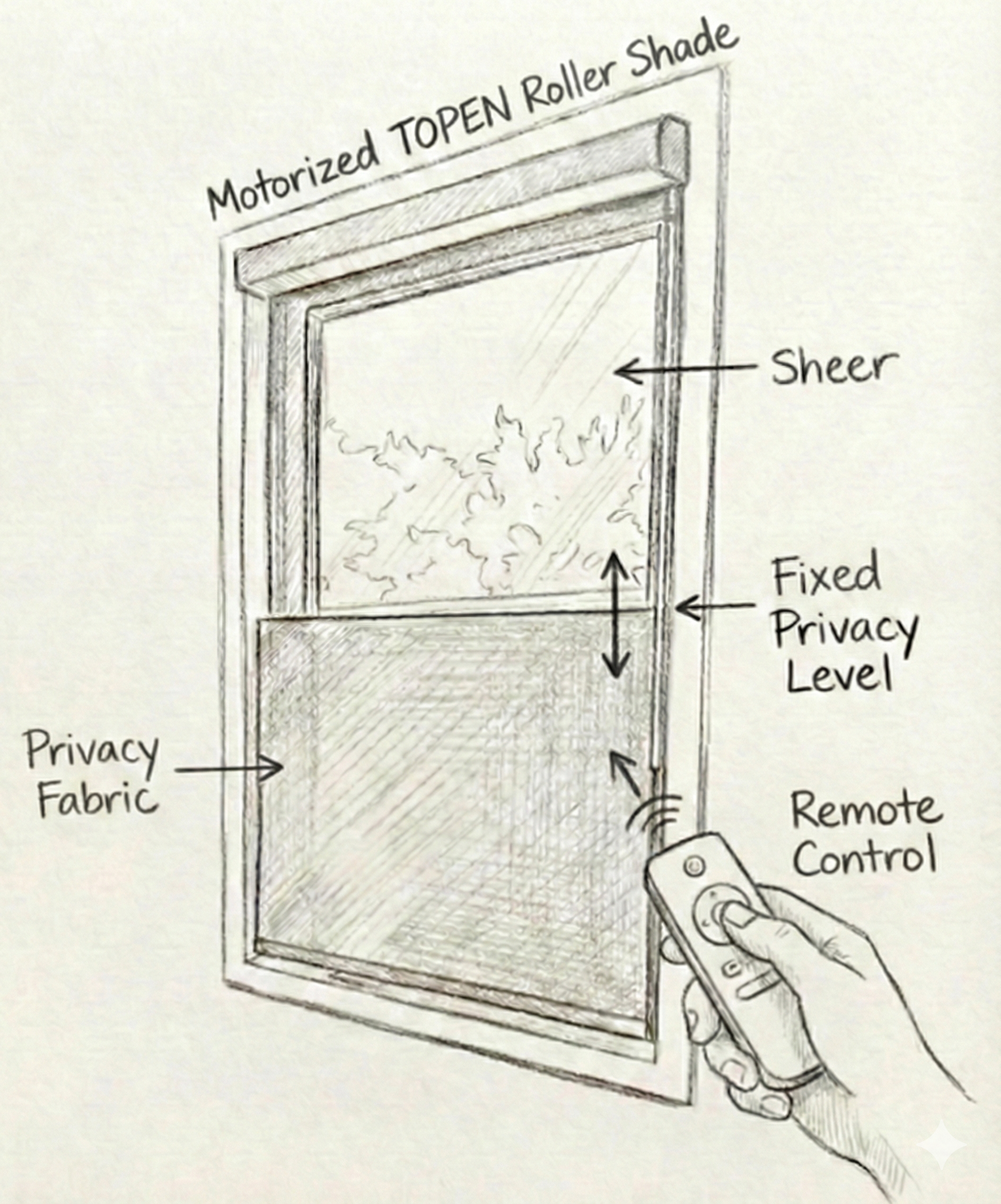 Diagram of motorized TOPEN roller shade showing sheer zone, fixed privacy level, and remote control