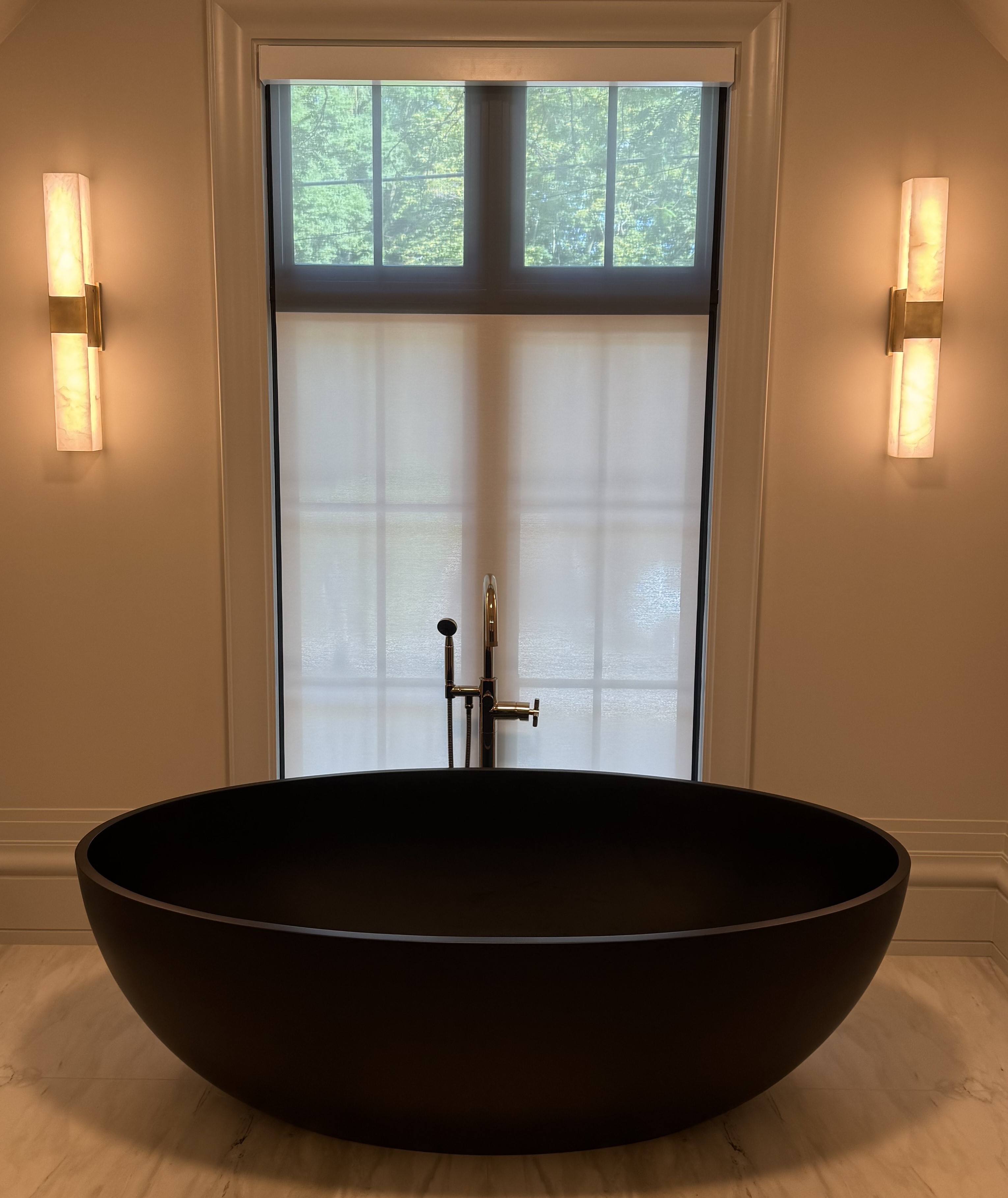 TOPEN shade with black tub and ambient wall sconces