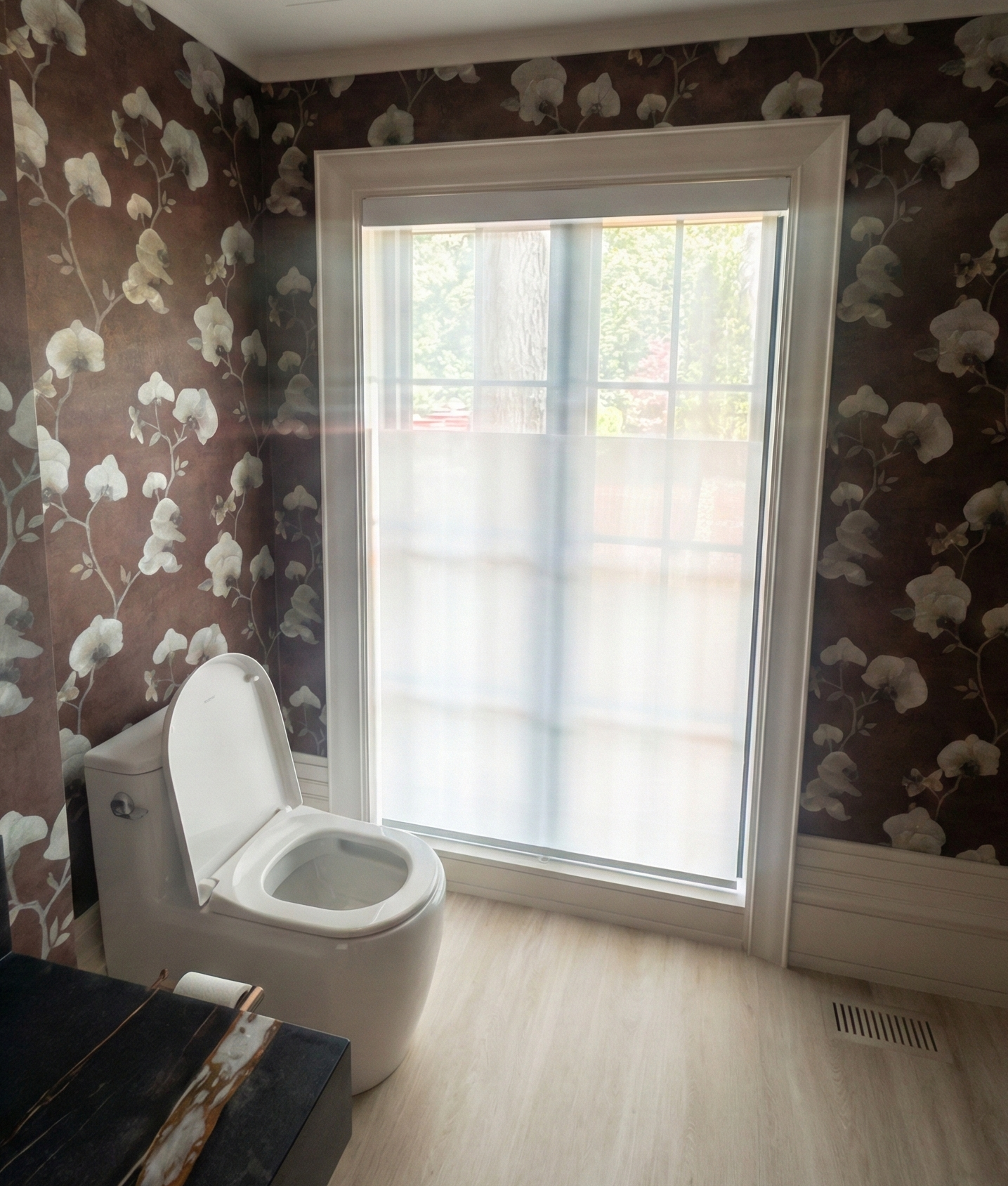 TOPEN shade in wallpapered powder room